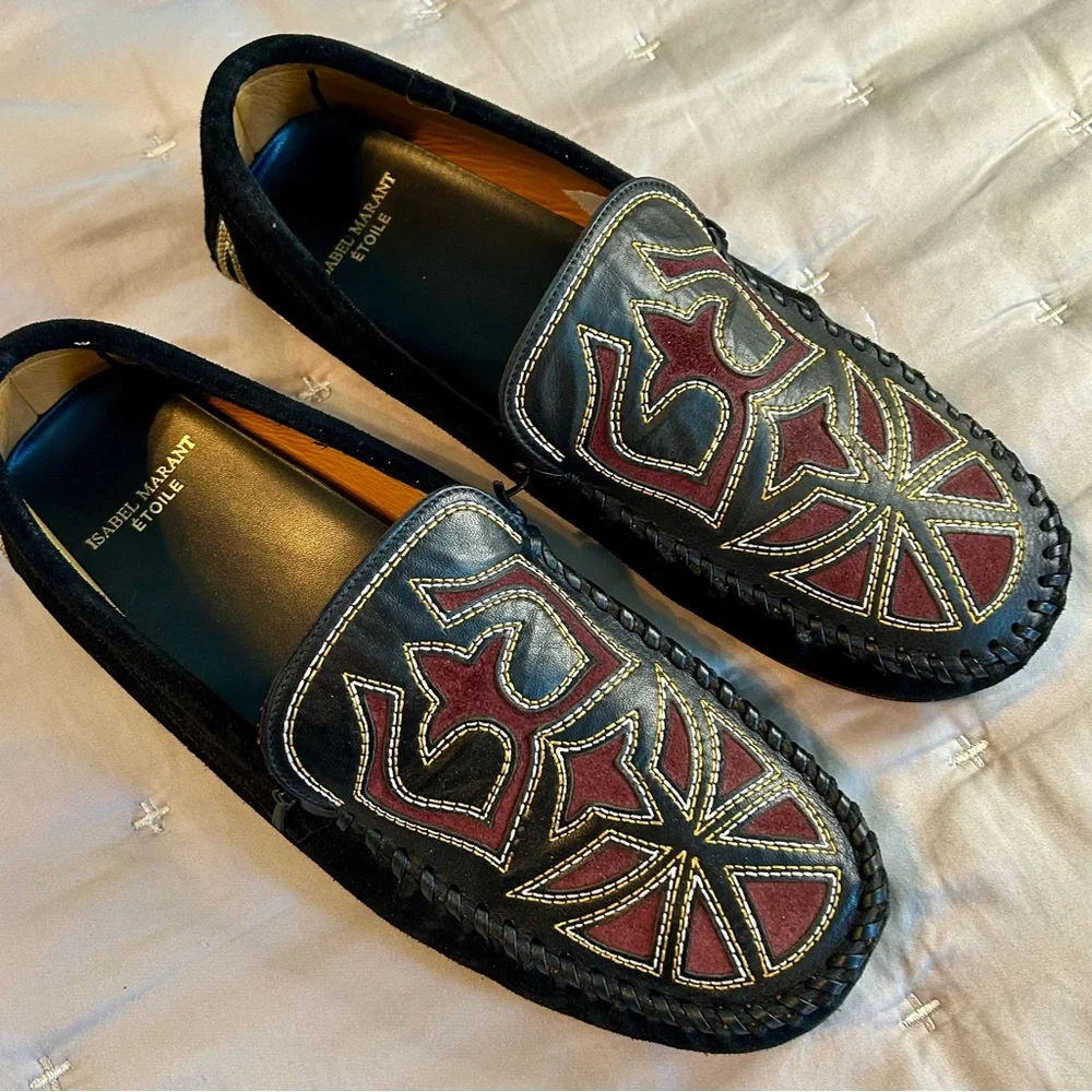 Isabel Marant Etoile Finha Leather and Velvet Embroidered Loafers - Picture 2 of 9